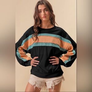 Bibi Large Black Sweatshirt Blue and Peach Stripe Boho Hippie Oversized
